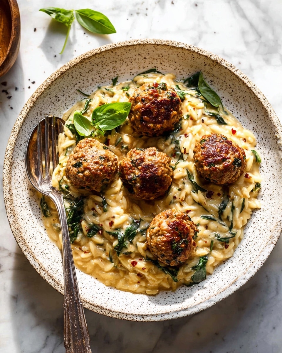 A white speckled round plate holds a creamy orzo base with wilted green leaves mixed throughout, forming the bottom layer. On top are five round, browned meatballs with a textured surface, seasoned with herbs and small bits. A few fresh green basil leaves are placed on the orzo near the meatballs. A silver spoon and fork rest on the left side of the plate. The whole scene sits on a white marbled surface with natural lighting. photo taken with an iphone --ar 4:5 --v 7