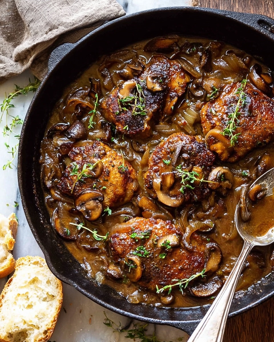 A close-up view of a cast iron pan filled with a rich brown sauce that has a glossy texture and is thick with sliced mushrooms and caramelized onions. On top of the sauce are four browned, seared pieces of meat arranged evenly, each piece showing a crispy outer layer with garnishes of small, fresh green herb sprigs scattered over the dish. A silver spoon is partially submerged in the sauce on the right side, and the pan rests on a white marbled surface with pieces of torn bread and some scattered herbs nearby. Photo taken with an iphone --ar 4:5 --v 7