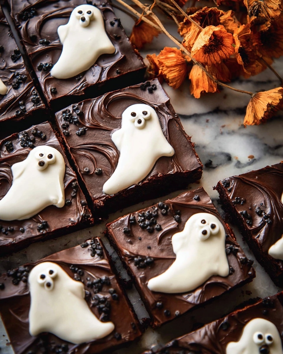 The image shows a chocolate dessert cut into square pieces on a white marbled surface. Each piece has a smooth dark chocolate layer with swirled patterns, topped with white ghost-shaped icing with two small candy eyes, creating a fun Halloween look. The ghosts vary slightly in shape and size and are evenly spread across the dessert. Some black sprinkles are scattered on parts of the chocolate. In the background, dried orange flowers add a rustic touch. Photo taken with an iphone --ar 4:5 --v 7