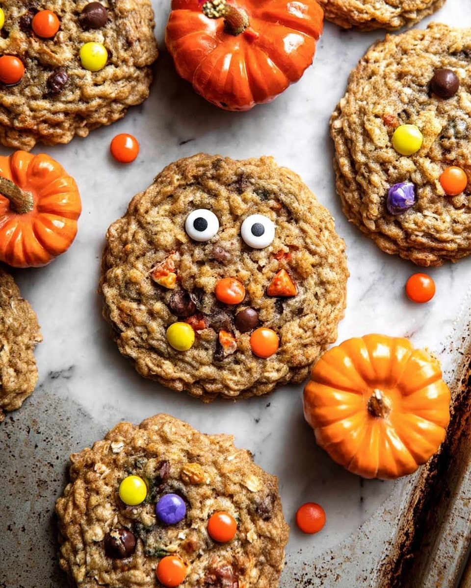 The image shows six large round cookies on a light brown parchment paper placed on a white marbled surface. Each cookie is thick and textured with a golden-brown baked base that has dark chocolate streaks and spots all over. Embedded on the cookie surfaces are colorful candy-coated chocolate pieces in bright orange, yellow, green, and purple, along with small white candy eyes scattered across, creating a playful look. The cookies have slightly rough and uneven edges, with some of the candies slightly melted into the dough. The photo is bright and sharp with natural light highlighting the textures and colors. photo taken with an iphone --ar 4:5 --v 7