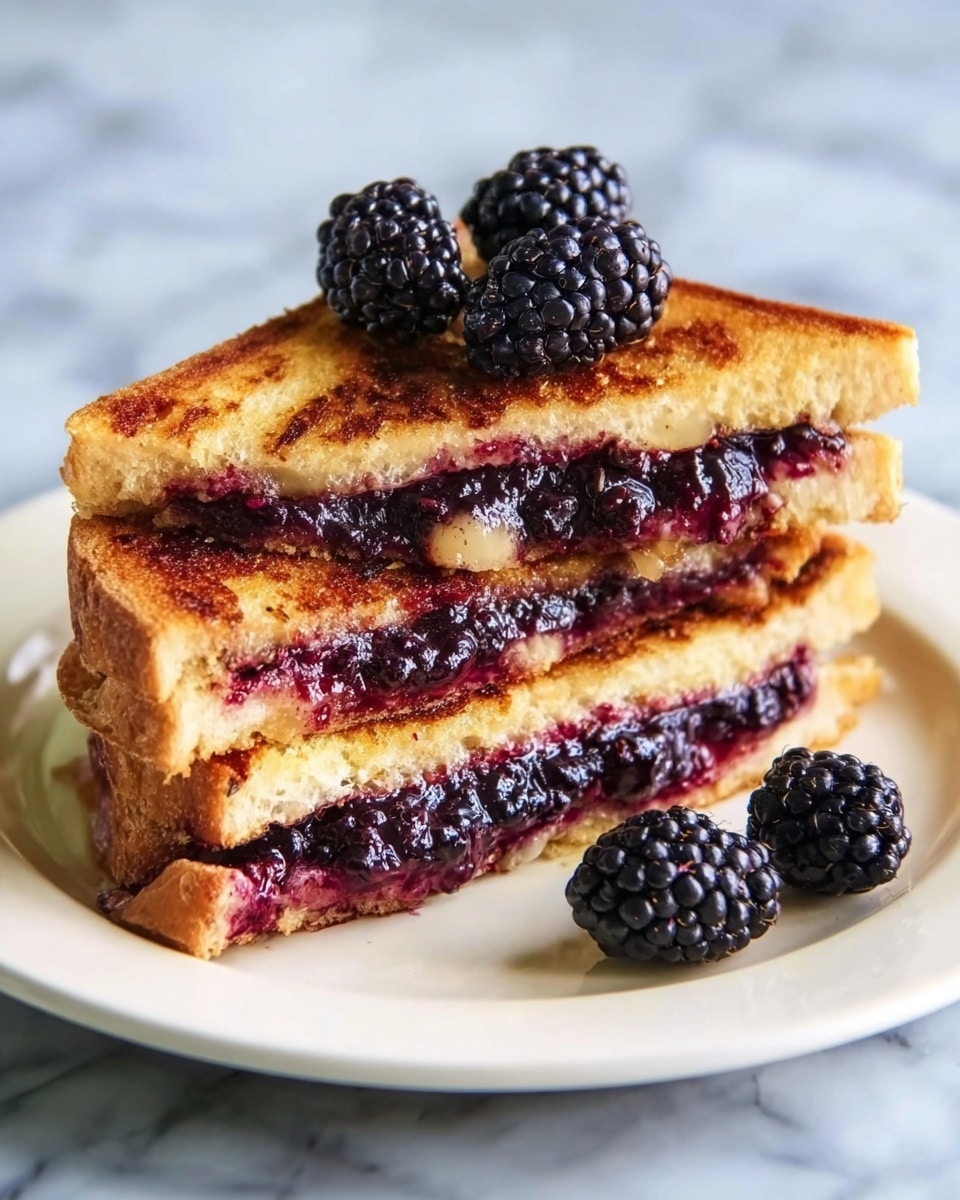 Two stacked sandwiches sit on a white plate on a white marbled surface. Each sandwich has two golden-brown toasted bread slices with a soft, creamy filling inside. Between the bread layers, there are dark purple-blackberries mixed with melted cheese, creating a juicy and rich texture. The bread's surface is slightly crispy, showing a light char with an inviting warm color. The berry filling is oozing slightly from the sides, adding a contrast of fresh fruit tones with the toasted bread photo taken with an iphone --ar 4:5 --v 7