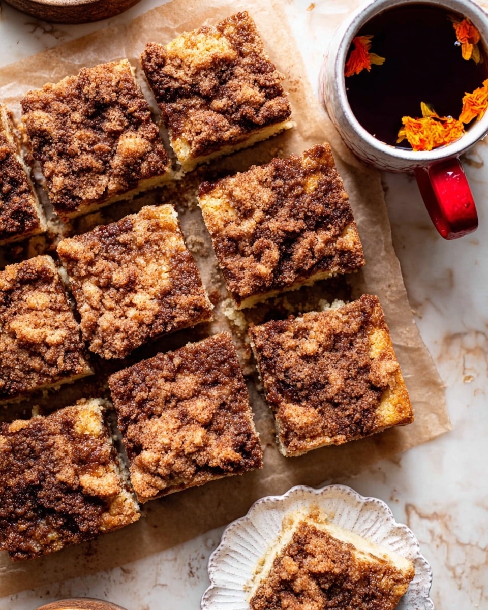 The image shows nine square pieces of a cinnamon crumb cake arranged together on parchment paper over a white marbled surface. Each square has two visible layers: a bottom layer of light golden-brown cake with a soft texture and a thick top layer of dark brown crumbly cinnamon sugar topping that looks coarse and grainy. The crumb layer is uneven with small clusters and cracks, giving a crunchy appearance. To the upper right, there is a white mug with a red handle filled with a dark liquid, suggesting tea, decorated with orange flower petals floating on top. Near the bottom right, part of a white scalloped-edge plate holds a single piece of the cake. Photo taken with an iphone --ar 4:5 --v 7