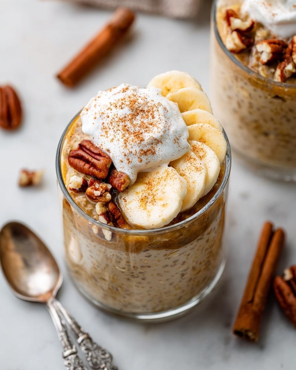 The image shows a clear glass filled with a two-layer dessert. The main layer occupies most of the glass and is a creamy light brown mix with visible small black chia seeds spread evenly throughout. On top, there is a topping layer made of chopped nuts and small white chunks sprinkled lightly with brown powder on a light foamy surface. The glass sits on a white marbled surface with two cinnamon sticks placed nearby. Photo taken with an iphone --ar 4:5 --v 7