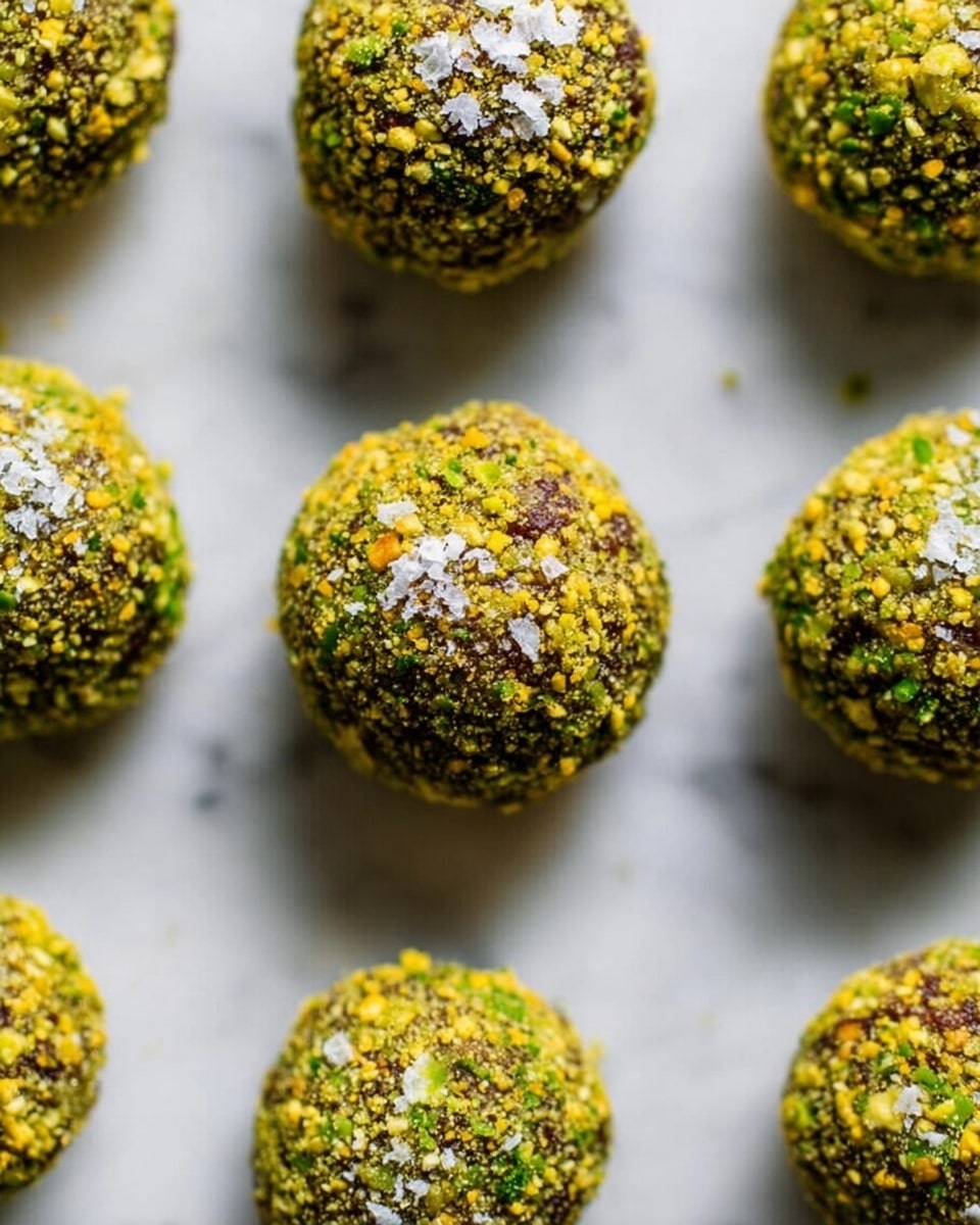 The image shows several round balls that are covered with a thick layer of small green and yellow crushed pieces, giving a rough texture. Each ball is sprinkled with small grains of white salt on top, adding contrast. The balls are placed on a flat surface with a white marbled texture, spaced evenly in rows. There are no other items or colors in the image. photo taken with an iphone --ar 4:5 --v 7