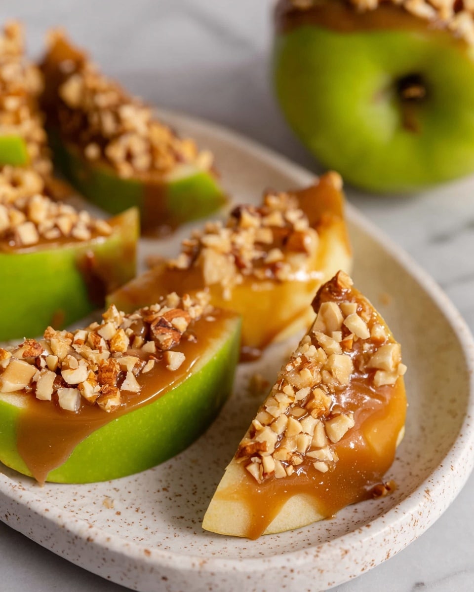 The image shows three caramel apples on a round white plate with a white marbled surface below. Each apple is on a white stick; the front apple is fully covered in small, light brown nut pieces, creating a rough texture and light bumpy layer around the smooth caramel underneath. The two apples in the back are coated with smooth, shiny caramel and no nuts, giving them a glossy orange-brown look. The background is dark and blurry, making the apples stand out clearly. Photo taken with an iphone --ar 4:5 --v 7