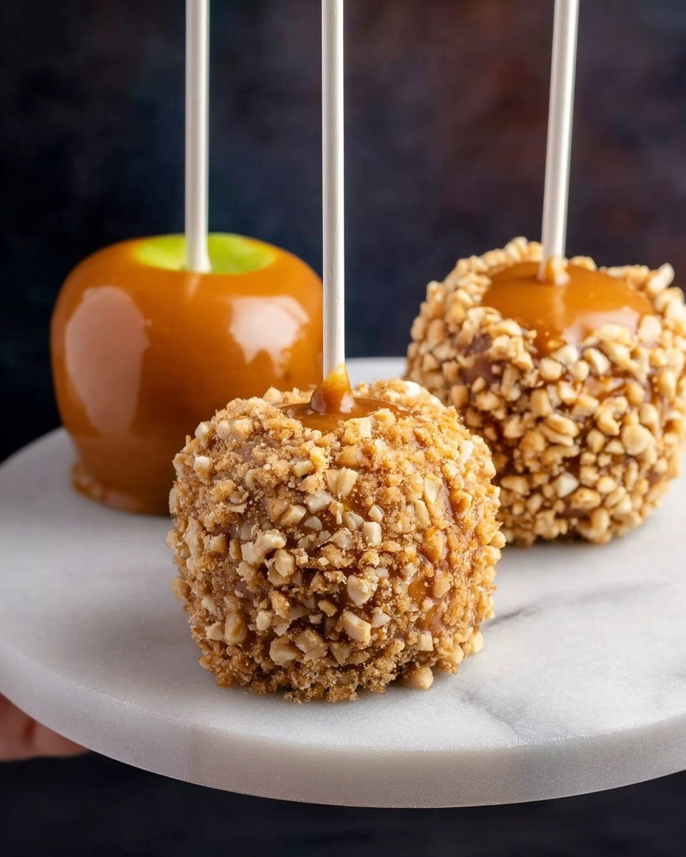 The image shows sliced green apple wedges arranged on a white speckled plate placed on a white marbled surface. Each apple wedge has a thick layer of caramel covering one side, sprinkled generously with small chopped nuts. The green skin of the apples is glossy and fresh, and the caramel has a smooth, shiny texture with the nuts adding a rough contrast. In the background, there is a whole apple dipped in caramel and nuts, slightly out of focus. The overall look is fresh, crunchy, and sweet. Photo taken with an iphone --ar 4:5 --v 7