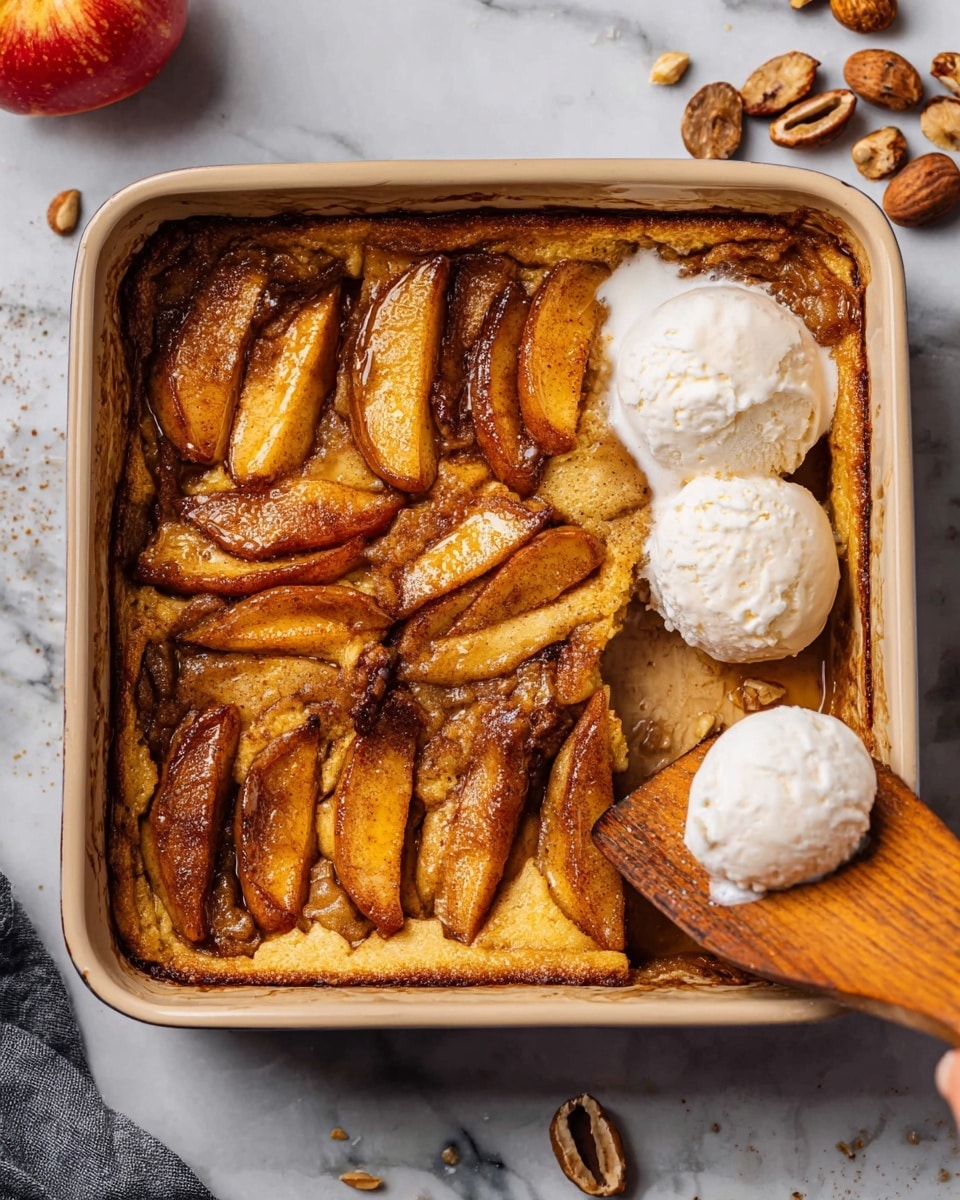 The image shows a square white baking dish filled with a baked apple dessert. The dessert has a golden-brown base layer that looks soft and fluffy, with many apple slices spread evenly on top and slightly sunk into the base. The apple slices vary in color from light brown to deep caramel brown from baking, and they have a slightly wrinkled texture. The dish is placed on a folded light blue cloth on a dark blue surface, with whole and halved red apples around it and some scattered pecan nuts and a wooden spoon nearby. photo taken with an iphone --ar 4:5 --v 7