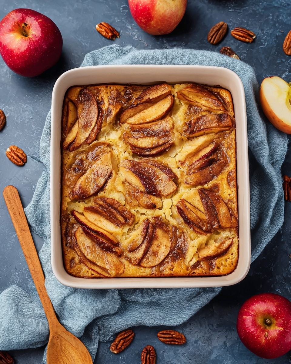 The image shows a white rectangular baking dish filled with a baked dessert that has golden brown crust and soft cinnamon-spiced apple slices layered throughout. On top, there are two scoops of white vanilla ice cream melting slightly over the warm dessert. A wooden spatula with some dessert on it is lifting a portion from the corner of the dish. The dish is set on a dark surface with parts of a white, marbled texture visible. Around are some plates and apples adding a cozy, homemade feel. photo taken with an iphone --ar 4:5 --v 7