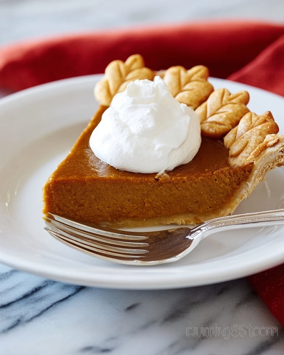 A round pie with a smooth, deep orange filling sits in a white fluted pie dish. The edges of the crust are crimped and golden brown. On top of the pie filling, there are small decorative pieces of crust shaped like leaves and pumpkins, arranged in a circle near the edge and in the center. The word
