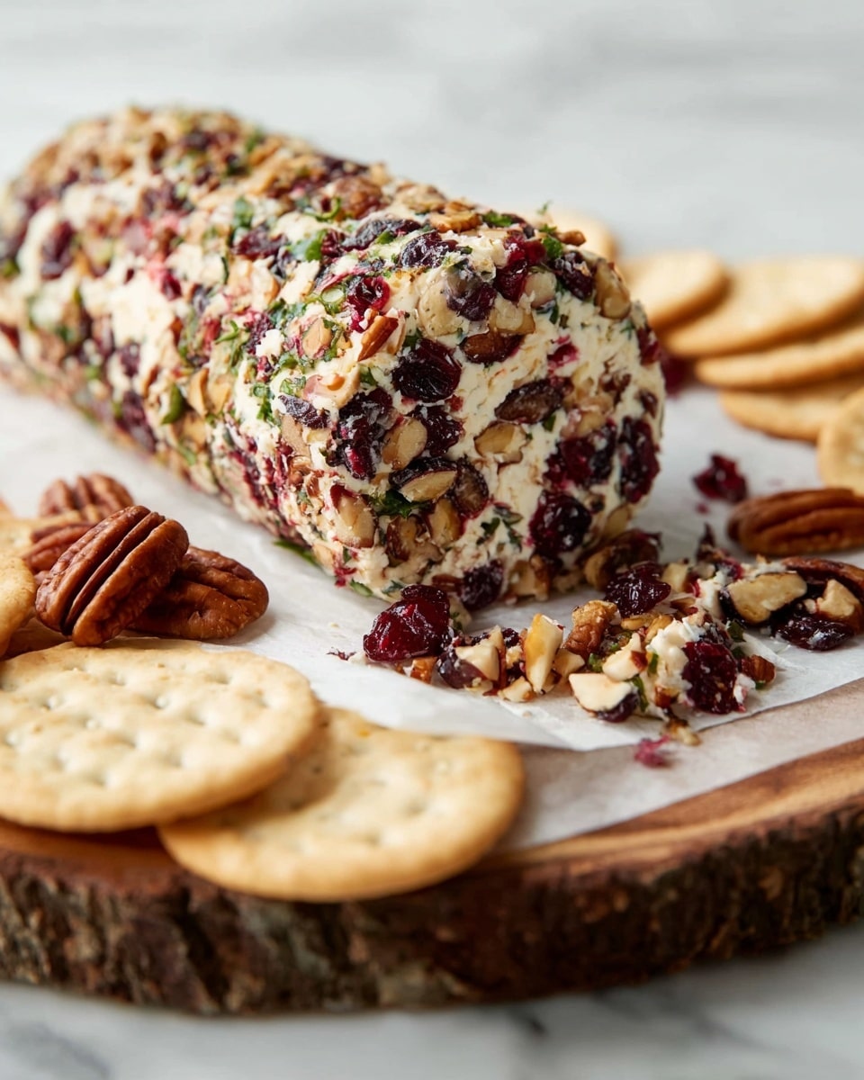 A white woman's hand is holding a round cracker topped with a thick, creamy cheese mixture that has visible pieces of dark red cranberries and small green herb bits, along with some chopped brown nuts. In the background, more crackers are spread around on white paper on a wooden board, with two balls of the same cheese mixture, showing the same layers of cranberry, herb, and nut texture. The scene is set on a white marbled surface. photo taken with an iphone --ar 4:5 --v 7
