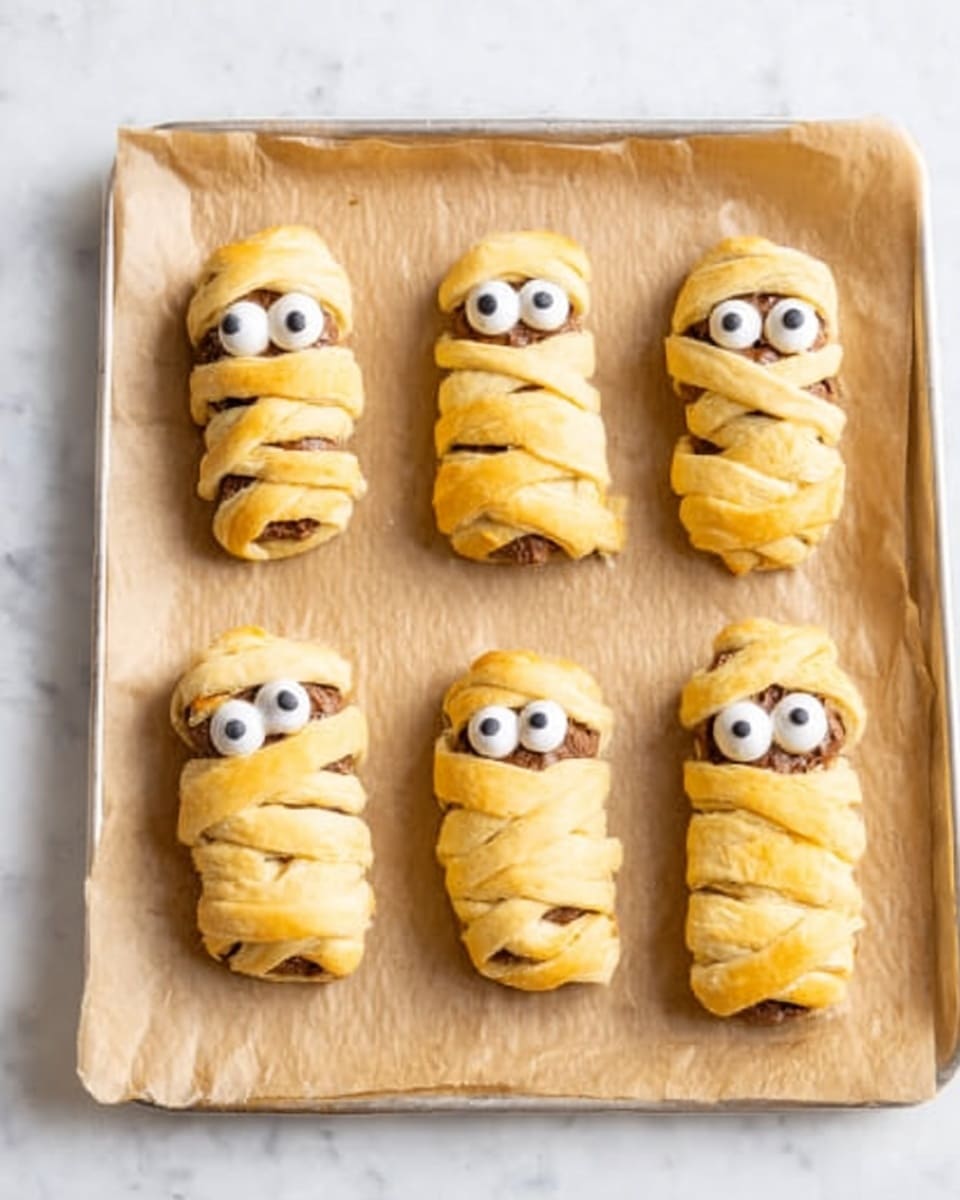 The image shows six small mummy-shaped snacks arranged on a baking paper-covered tray with a light brown color. Each snack is wrapped in thin, pale yellow dough strips that crisscross to look like mummy bandages. The top part of each snack has two small white eyes with dark centers made from icing or chocolate, giving them a cute and funny face. The snacks are evenly spaced in two rows on the tray, which sits on a white marbled surface. photo taken with an iphone --ar 4:5 --v 7