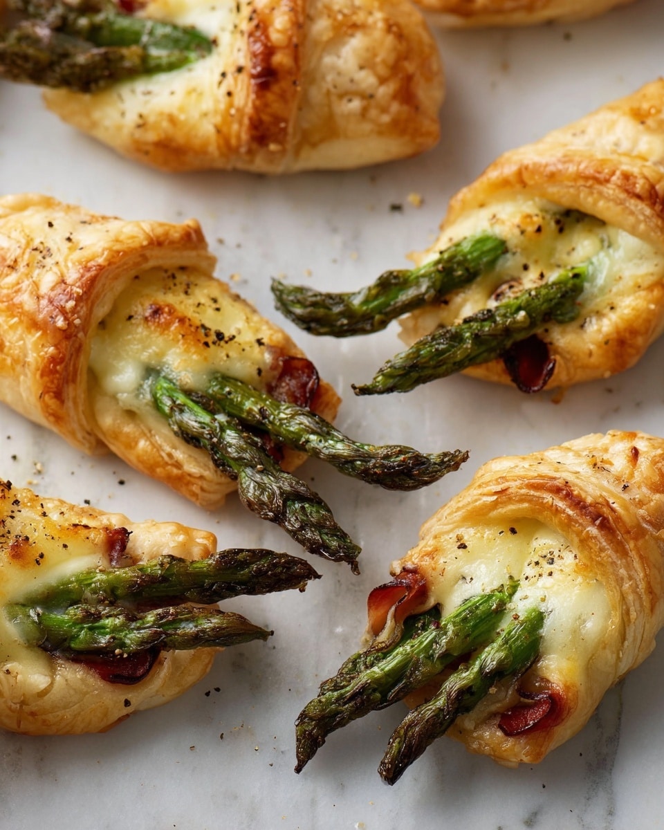 There are several small wrapped pastries on a white marbled surface. Each pastry has a golden-brown puffed outer layer that is crispy and flaky. Inside each one, there are three or four bright green asparagus spears with a slightly charred texture at the tips. Beneath the asparagus, there is a layer of thin, slightly browned slices of cured meat. Melted, light yellow cheese covers the meat and asparagus, slightly bubbling and blending into the edges of the pastry. Some of the pastries show a sprinkle of black pepper on top. photo taken with an iphone --ar 4:5 --v 7