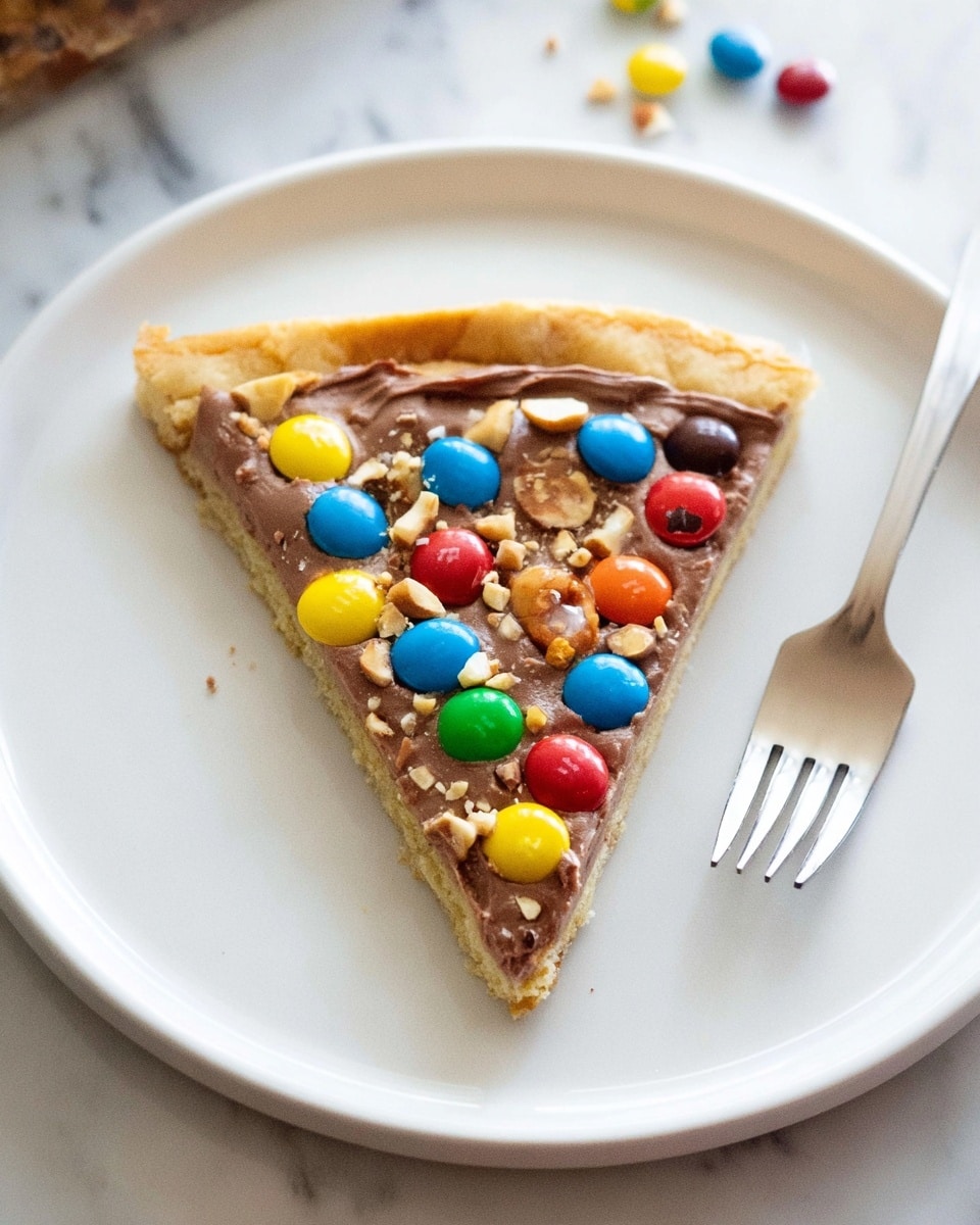 A round dessert pizza with a thick, light golden crust forming the base layer, topped with a smooth, thick milk chocolate spread covering the entire surface. On top, there are colorful candy-coated chocolates in red, yellow, green, blue, orange, and brown scattered evenly, along with chopped mixed nuts adding texture with beige and brown tones. One slice is lifted by a woman's hand, showing the soft inside of the crust and the glossy chocolate topping. The pizza rests on a wooden board with two clear glass bowls in the background, one filled with more chopped nuts and the other with more colorful candy-coated chocolates, all placed on a white marbled surface. Photo taken with an iphone --ar 4:5 --v 7