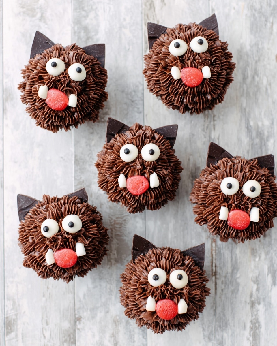A single cupcake decorated to look like a funny animal face sits on a light wooden surface with metal piping tips nearby. The cupcake is covered in thick, textured chocolate frosting swirled to form fur across the entire top. Two small brown candies are placed near the top as ears sticking out slightly. Two white round candies with black dots serve as eyes, set above a large oval of smooth chocolate frosting shaped like a snout. On top of the snout is a small brown candy for a nose. Below, a red sugary candy shaped like a tongue sticks out, surrounded by curved white lines that look like teeth. The whole scene has a clean, playful look with the cupcake in clear focus on the wooden board. photo taken with an iphone --ar 4:5 --v 7