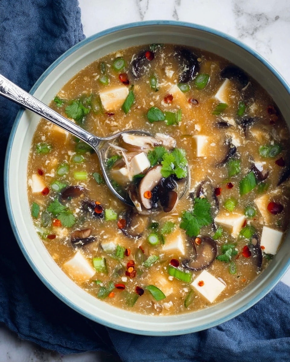 A light brown soup with a thick texture is served in a white bowl with a light blue rim, sitting on a white marbled surface with a dark blue cloth nearby. The soup has floating white tofu cubes, thin dark brown mushroom slices, small green onion pieces, and bright green cilantro leaves spread evenly on the surface. Small round red-orange drops of chili oil add pops of color. A silver spoon inside the bowl holds a mix of tofu cubes, mushrooms, green onions, cilantro, and a bit of shredded meat. Photo taken with an iphone --ar 4:5 --v 7