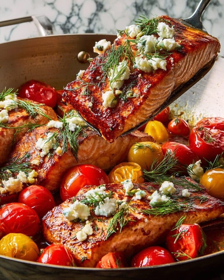 Summer Salmon Skillet with Harissa, Cherry Tomatoes, Feta, and Dill Recipe