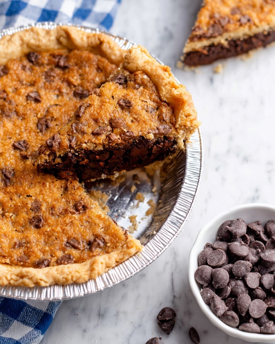 A single slice of pie sits on a white plate placed on a white marbled surface. The pie has three distinct layers: the bottom is a light golden, flaky crust; the middle is a chunky, slightly crumbly filling with visible pieces of nuts and chocolate chips in dark brown and caramel shades; the top layer is slightly darker and textured with more scattered chocolate chips embedded into the surface. The edges of the pie crust are slightly raised and form a neat border around the filling. In the background, part of the whole pie and a white bowl filled with chocolate chips are softly out of focus. Photo taken with an iphone --ar 4:5 --v 7