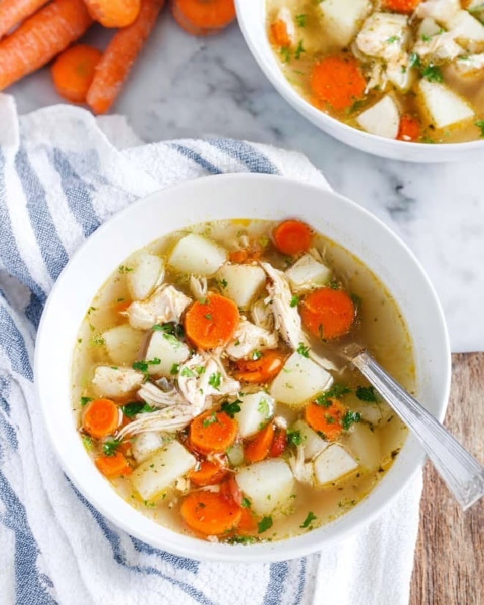 A white bowl filled with clear chicken soup containing small pasta shells, sliced orange carrots, and shredded white chicken pieces, all floating in a light golden broth. Next to the bowl, there are four square saltine crackers stacked slightly overlapping. Above on a white marbled surface, a bunch of fresh orange carrots with green tops lies next to a white bowl with more soup. To the right of the main bowl, two silver spoons rest on the white marbled surface. Photo taken with an iphone --ar 4:5 --v 7