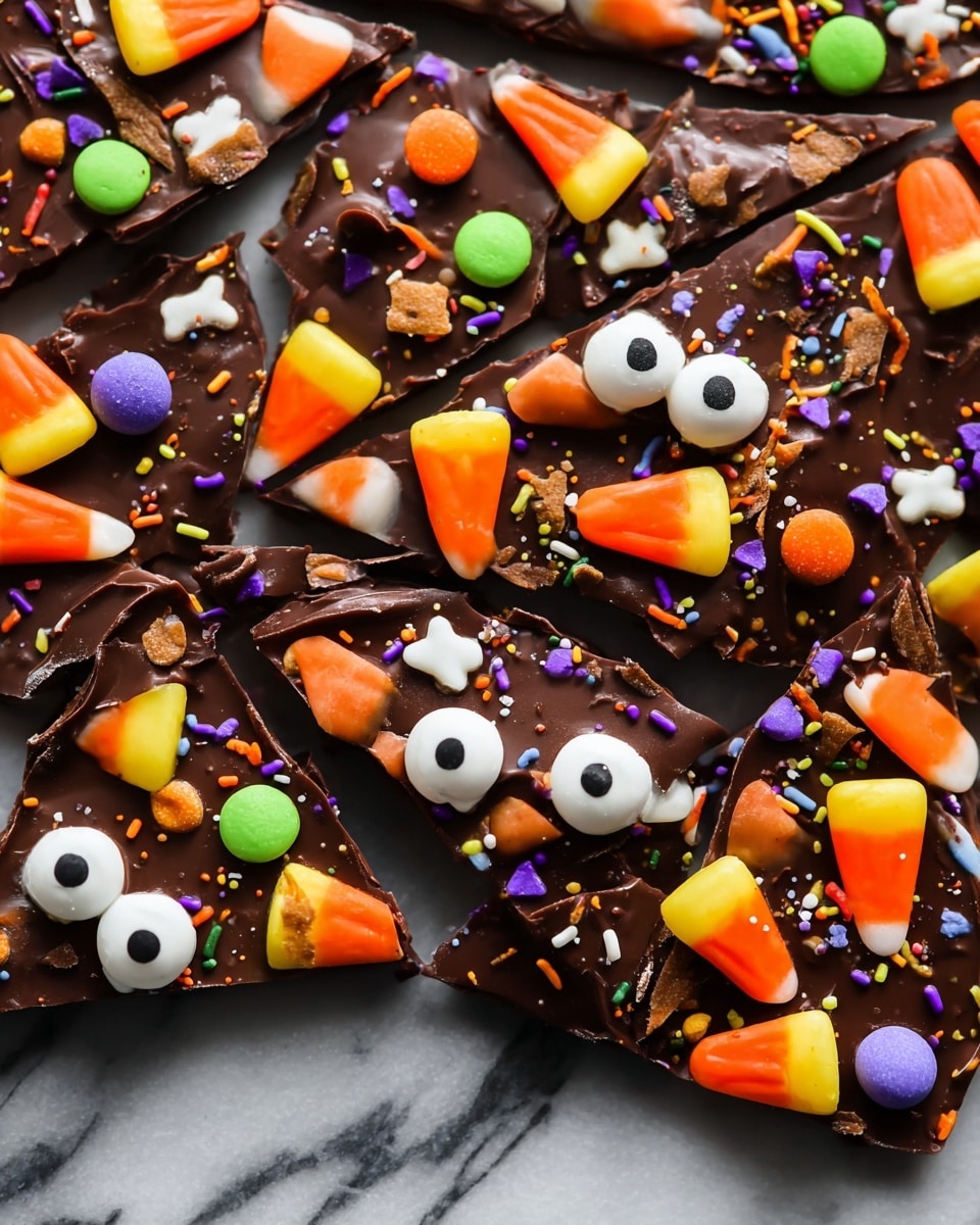 A round, dark chocolate bark is shown on a white marbled surface, cut into multiple irregular pieces. The top layer is fully covered in shiny dark chocolate, decorated with an array of colorful Halloween-themed candy pieces, including orange, yellow, and white candy corn, white candy eyes with black pupils of different sizes, small orange, green, and purple round candies, and multicolored sprinkles in purple, green, and white. Three small white skull decorations sit near the top right, and a white skeleton hand reaches in from the top left, touching the chocolate bark. In the bottom corners, there are small orange and white pumpkins with black spiders on them. The photo taken with an iphone --ar 4:5 --v 7