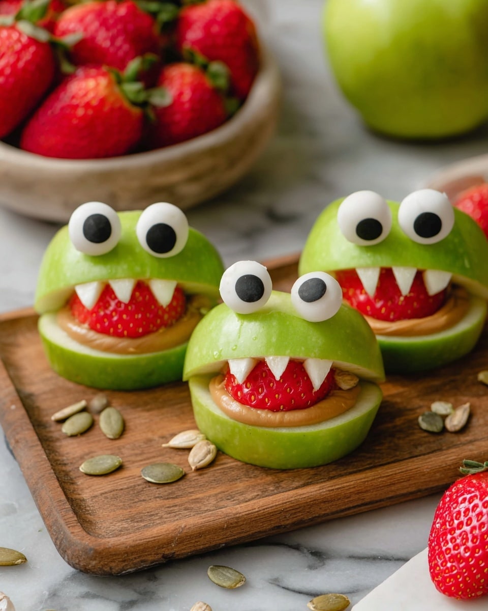 Six green apple slices are arranged on a round wooden board, each one spread with a layer of light brown peanut butter and topped with a red strawberry tongue shaped from a strawberry slice. The open mouth shapes have small white seeds resembling teeth placed around the edges of the peanut butter. On top of each apple slice, there are one or two large white candy eyes with black centers, giving them a funny monster look. Around the wooden board, a small white bowl holds extra sunflower seeds, next to a white marbled surface. In the background, there are two whole green apples, a black bowl filled with red strawberries, and a small orange pumpkin on a wooden cutting board. Photo taken with an iphone --ar 4:5 --v 7