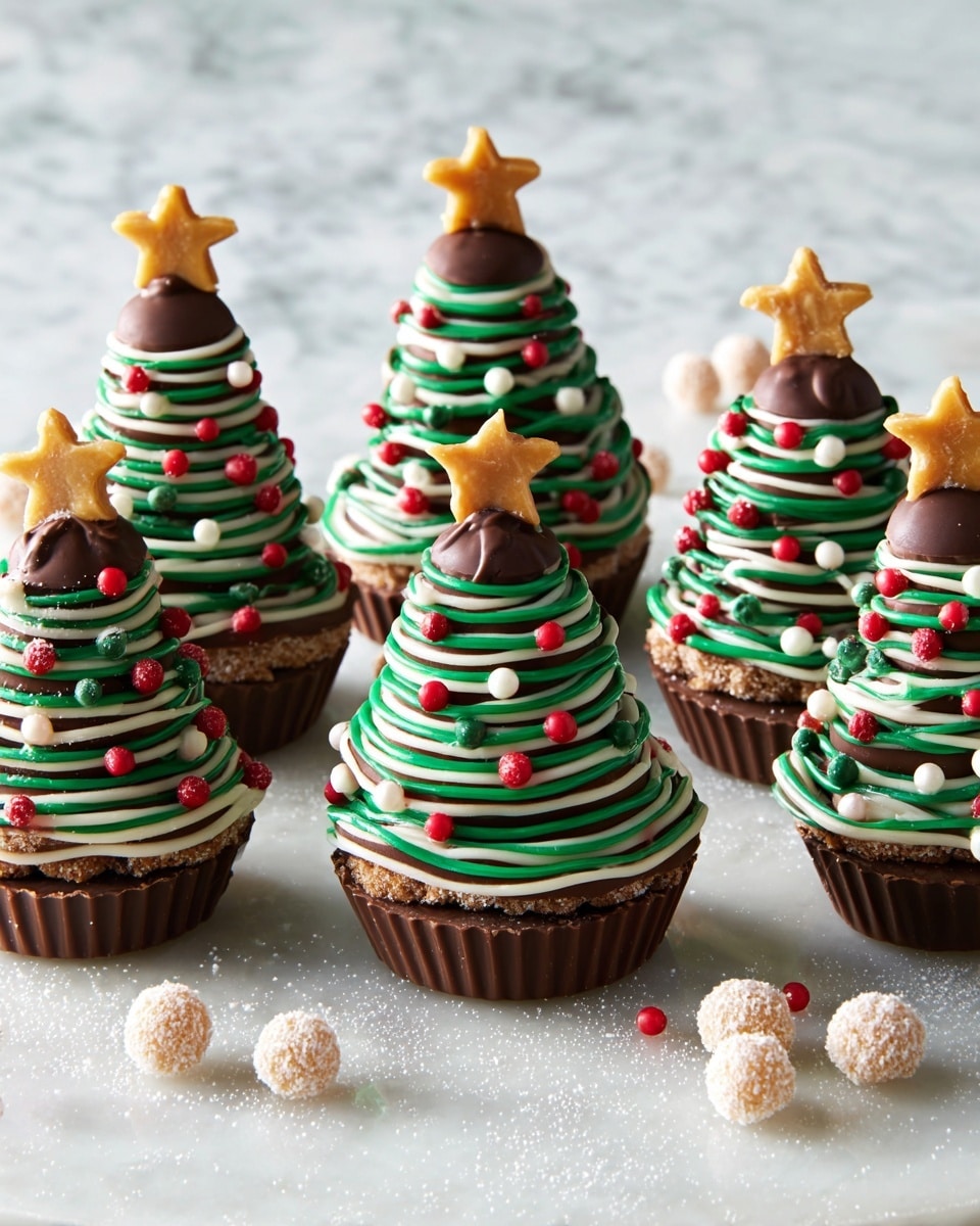 The image shows several Christmas tree-shaped treats made by stacking three layers of chocolate peanut butter cups of different sizes, largest at the bottom and smallest in the middle, topped with a solid chocolate kiss as the tree top. Each tree is decorated with spirals of white or green icing wrapped around the layers, dotted with small red, white, and green sugar balls. A small yellow star candy sits on the very top of each chocolate kiss. The treats stand on a white marbled surface with scattered sugar balls around them, creating a festive look. Photo taken with an iphone --ar 4:5 --v 7