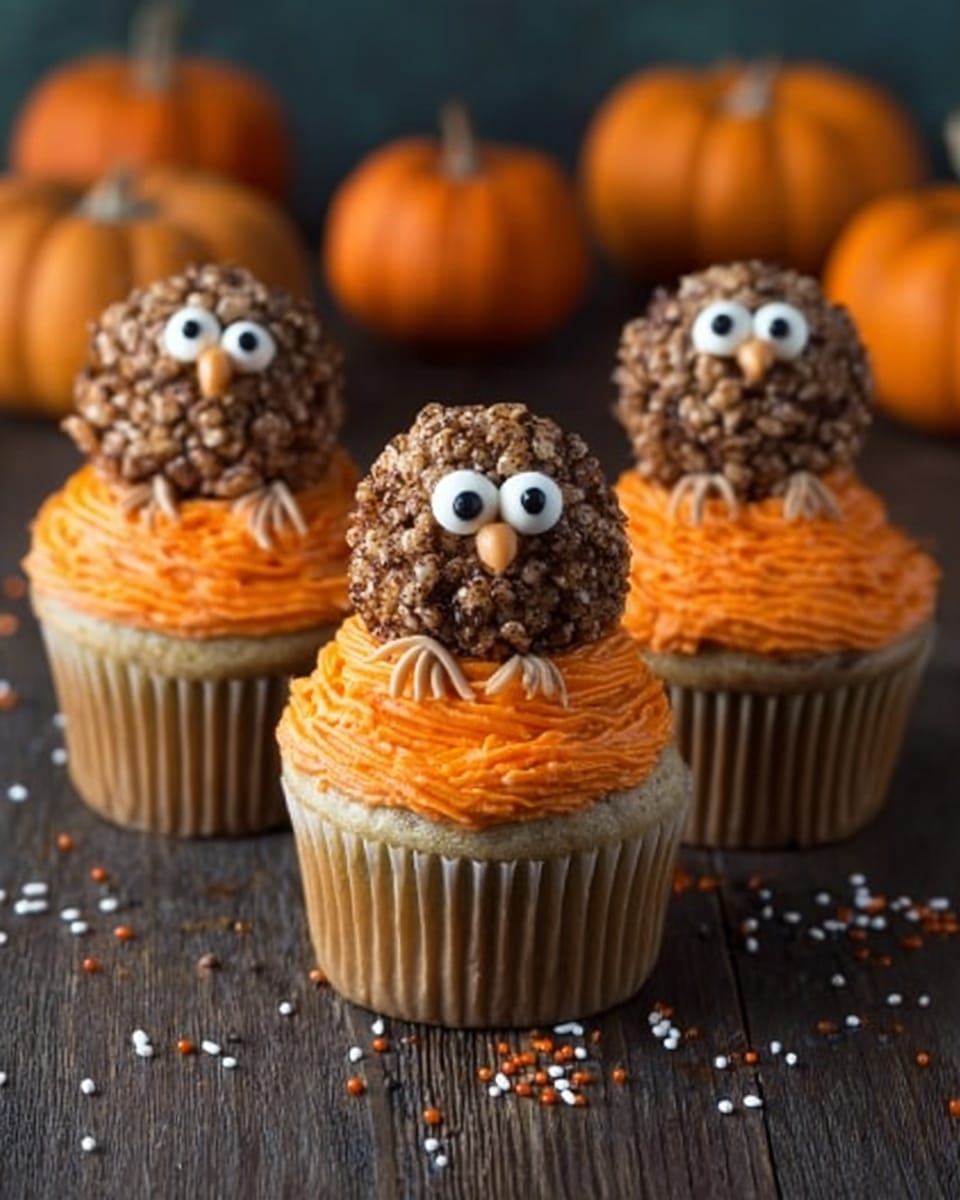 The image shows three cupcakes decorated to look like owls, placed on a dark wooden table against a background with small orange pumpkins and other cupcakes. Each cupcake has a base layer of light brown cake inside a plain paper wrapper. On top is a thick swirl of bright orange frosting, smooth and rounded. Sitting on the frosting is a small owl figure made from a round ball covered in crunchy brown cereal pieces, giving a rough texture. The owl has two large white circular candy eyes with black centers placed near the top. The overall look is cute and playful, with scattered tiny white and orange sprinkles on the table around the cupcakes. Photo taken with an iphone --ar 4:5 --v 7