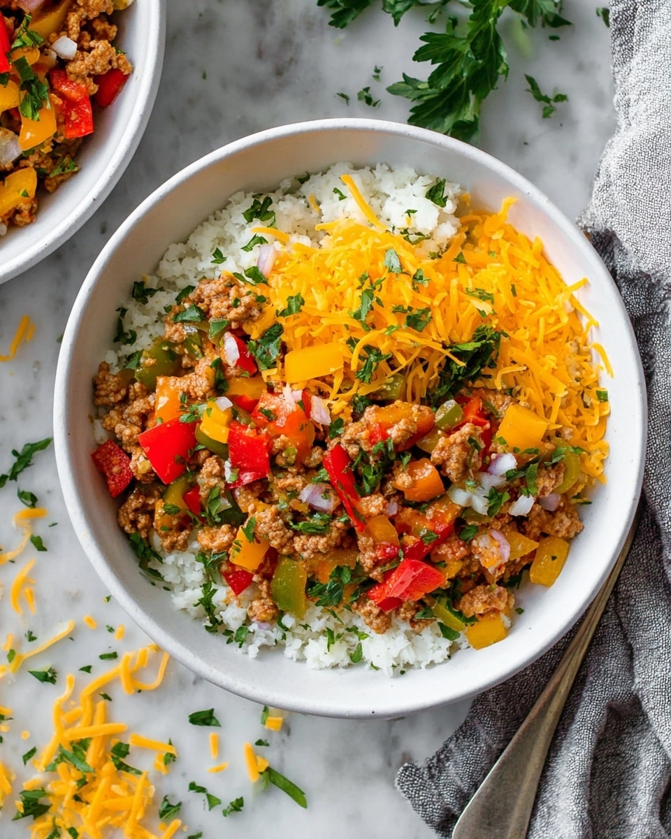 A white bowl filled with a layer of white cauliflower rice at the bottom, topped with a colorful mix of cooked ground meat, red and yellow bell pepper pieces, diced onions, and chopped green bell peppers; small sprigs of fresh green parsley are scattered on top along with shredded bright yellow cheddar cheese. The bowl rests on a white marbled surface with some loose cheese pieces scattered around, and part of a woman's hand is visible holding a second bowl. Photo taken with an iphone --ar 4:5 --v 7