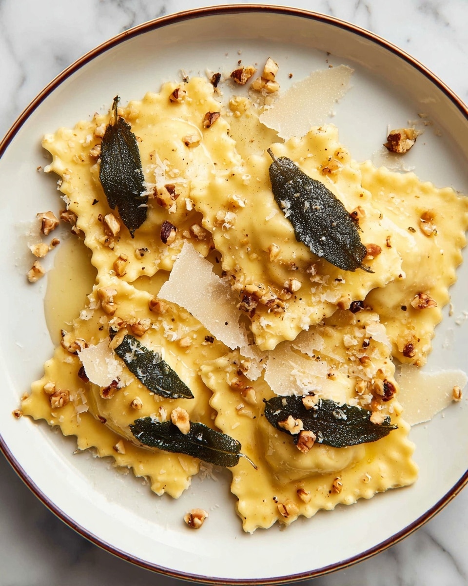 On a white plate with a thin brown rim, there are five large square ravioli pieces with crimped edges, pale yellow in color and glossy with a light sauce. Scattered on top are small dark green, almost black, crispy sage leaves, along with uneven shavings of pale off-white cheese. Tiny pieces of chopped toasted nuts, light brown and crunchy, are sprinkled over the dish. The plate rests on a white marbled surface, enhancing the warm tones of the pasta. Photo taken with an iphone --ar 4:5 --v 7