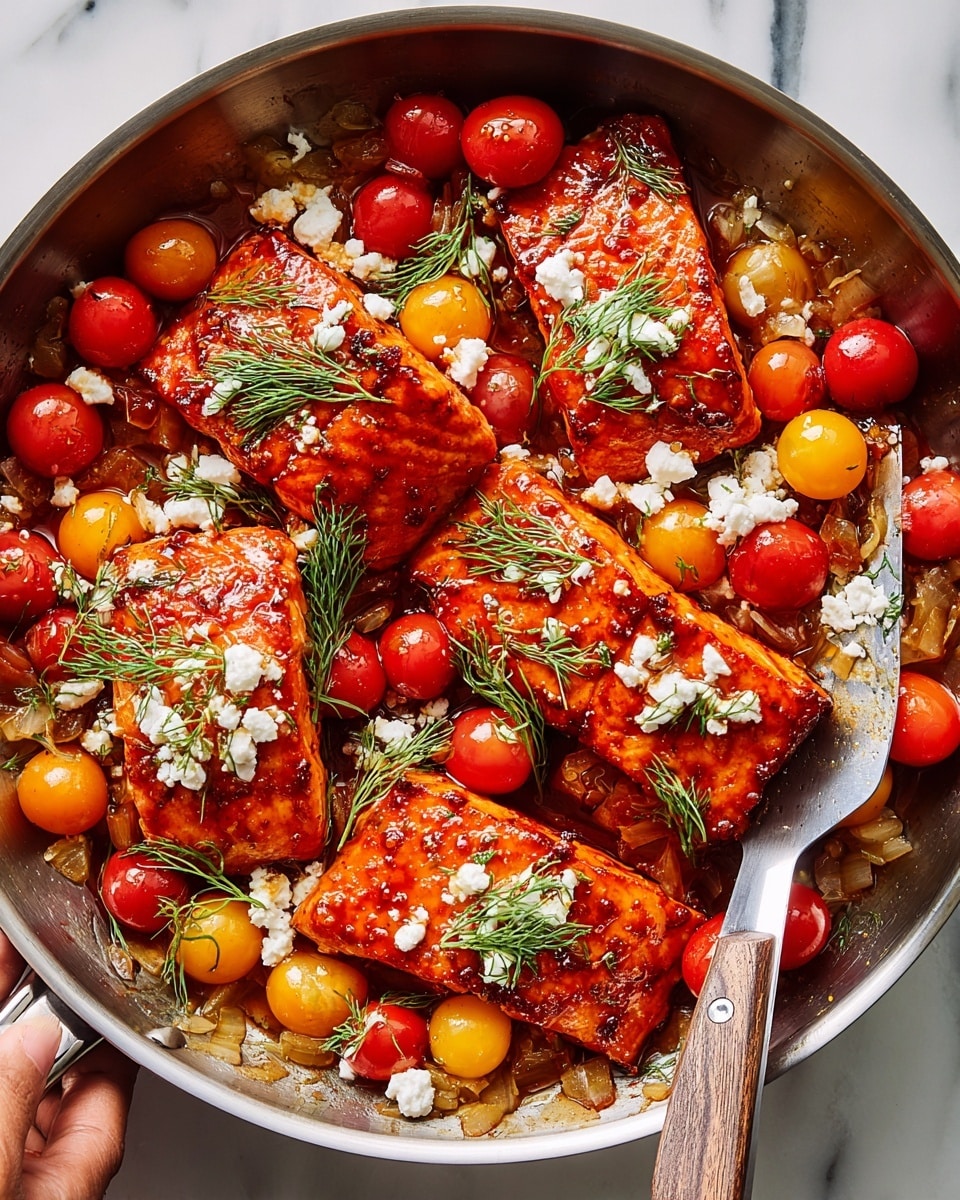 A piece of cooked salmon with a rich reddish-brown color, topped with small white cheese pieces and green dill sprigs, is held by a spatula above a pan. In the pan, there are several similar salmon pieces layered with bright red and yellow cherry tomatoes, scattered white cheese crumbles, and fresh green dill. The background has a white marbled texture. photo taken with an iphone --ar 4:5 --v 7