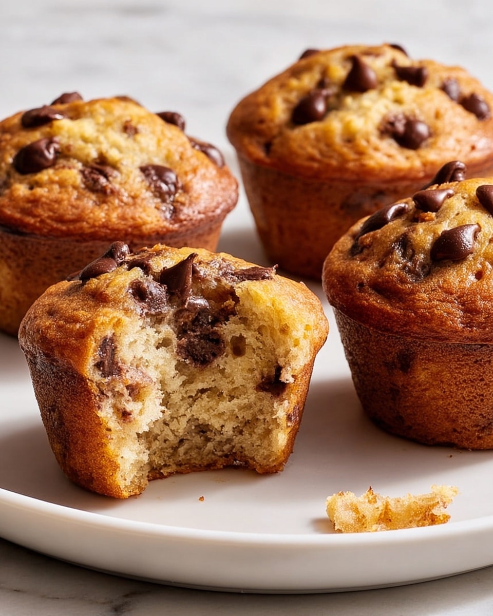 The image shows four chocolate chip muffins on a white plate set on a white marbled surface. One muffin is placed in the front center, with a bite taken out, revealing a soft, light tan inside with melted dark chocolate chips embedded. The muffin tops are golden brown with some dark chocolate chips sitting on top. The other three muffins appear whole, round, and slightly raised with a similar golden brown color and chocolate chips on top and inside. A small crumb piece rests on the surface near the plate's edge. The photo taken with an iphone --ar 4:5 --v 7