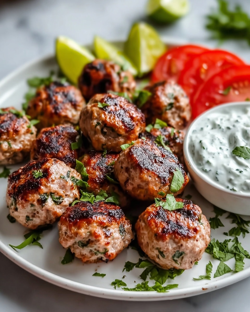 A white plate holds a colorful meal with three main layers: the bottom layer is white rice, soft and fluffy; on top of the rice are eight browned meatballs with a slightly crispy texture and sprinkled green herbs; next to the meatballs is a creamy white sauce with small green herb pieces, some sauce spread over the rice. On the right side of the plate is a fresh salad made of bright red cherry tomato halves, green cucumber slices, dark purple olives, and white crumbled cheese, all mixed and lightly seasoned. A wedge of yellow lemon sits at the bottom right of the plate. The plate sits on a white marbled surface, next to some flatbread pieces and a small white bowl with more sauce. A spoon rests on the plate near the bottom, and a blue and white striped cloth is partially visible under the plate. Photo taken with an iphone --ar 4:5 --v 7