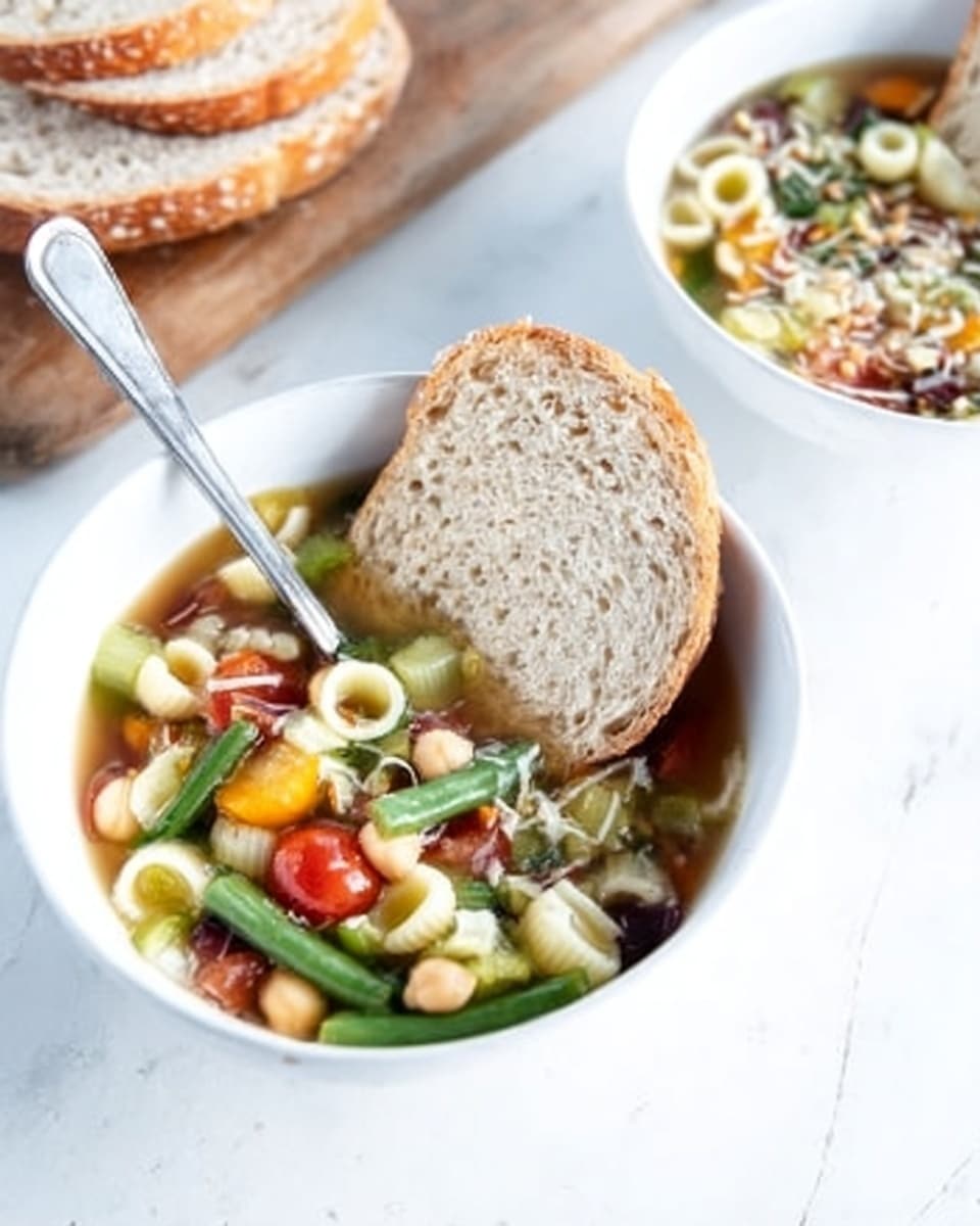 The image shows a metal ladle filled with a colorful vegetable and bean soup, lifted above a white bowl filled with the same soup. The soup has several layers of ingredients: bright orange round carrot slices, green beans cut into short pieces, kidney beans in dark red, small white beans, diced tomatoes in red, and small elbow-shaped pasta. The soup broth is clear with a light orange tint, and the vegetables and beans float evenly throughout. The background is a white marbled surface. A woman's hand holds the ladle as it scoops the soup. Photo taken with an iphone --ar 4:5 --v 7