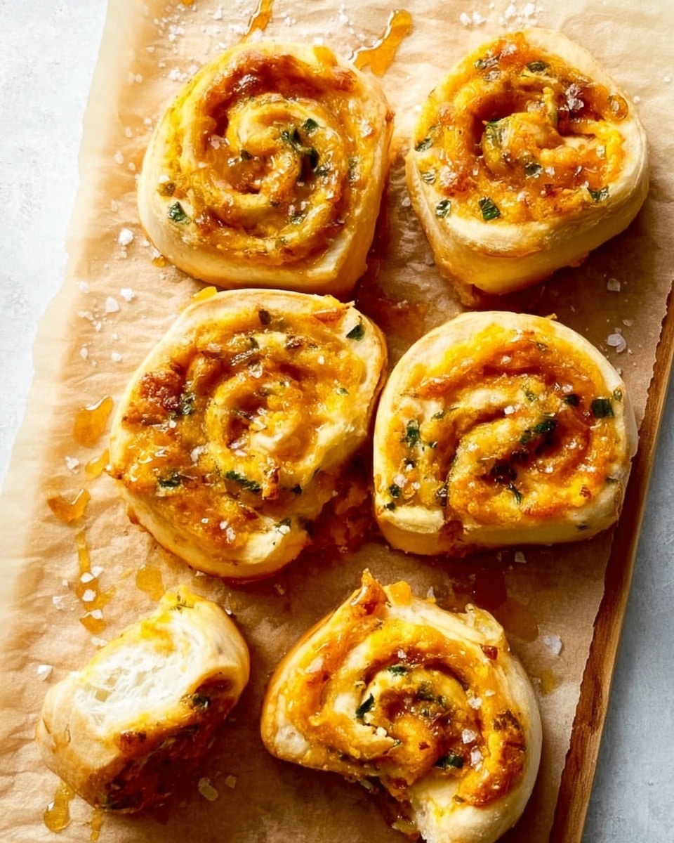 The image shows a close-up view of a batch of twelve cheesy rolls arranged tightly in a grid. Each roll has a soft, light beige dough that spirals inward, forming about two visible swirl layers. The inner layer has a melted, bright orange-yellow cheese filling with small bits of green herbs scattered throughout. The cheese appears slightly browned in some spots, giving a baked texture. The rolls sit closely together, emphasizing their puffy and fluffy texture against a white marbled surface. photo taken with an iphone --ar 4:5 --v 7