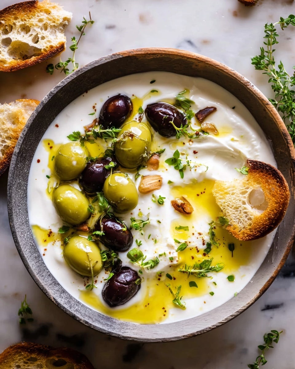The image shows a white bowl filled with a smooth creamy white dip as the base. On top, there are large green and small dark olives scattered mostly on one side. There are also some small roasted cloves of garlic and tiny green herb leaves placed around, adding color and texture. Golden olive oil is drizzled in parts over the dip, blending with the creamy white layer and making shiny spots. A toasted bread piece partially dipped into the dip is placed near the center, with some dip covering it. The bowl sits on a white marbled surface with a few green herb sprigs and pieces of toasted bread nearby. photo taken with an iphone --ar 4:5 --v 7