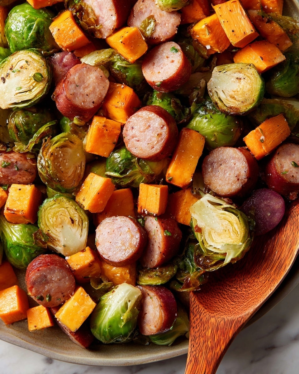 This image shows a close-up of a dish with three main layers: Brussels sprouts, sausage, and cubed orange sweet potatoes. The Brussels sprouts are halved, showing bright green outer leaves with a softened, slightly browned texture. The sausage is sliced into thick rounds, with a pinkish interior and browned edges. The sweet potatoes are cut into small cubes, with an orange color and lightly cooked surface. The ingredients are mixed closely together, with some resting on a wooden spoon on the right side. The background is a white marbled texture. Photo taken with an iphone --ar 4:5 --v 7