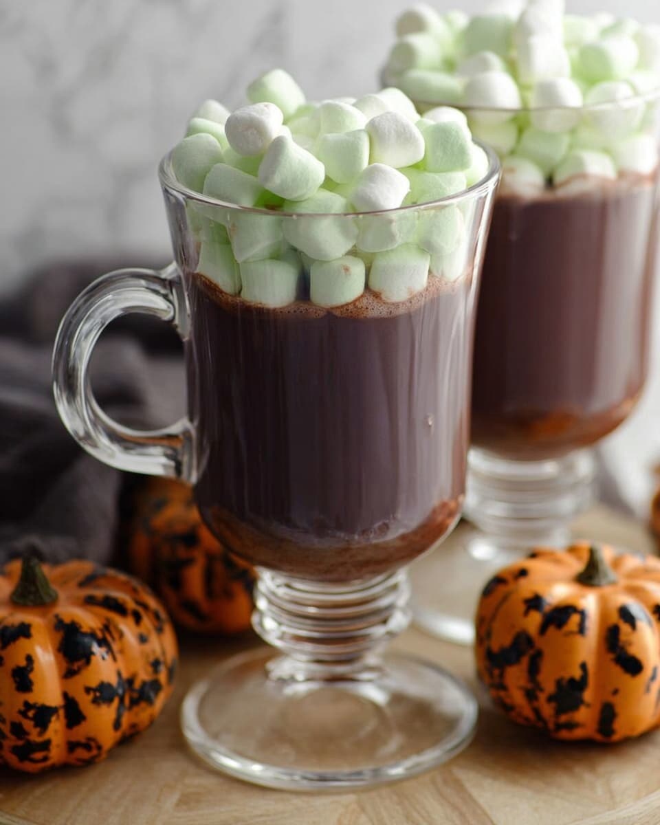 Two tall clear glass mugs hold a dark brown hot chocolate drink filling about four layers of the mugs, topped with a generous layer of small, pale green marshmallows. The mugs are placed on a light wooden surface with a white marbled background visible behind. Nearby, there are two small orange pumpkins with black spots, adding a festive touch. The overall scene shows a cozy fall or Halloween feel. Photo taken with an iphone --ar 4:5 --v 7