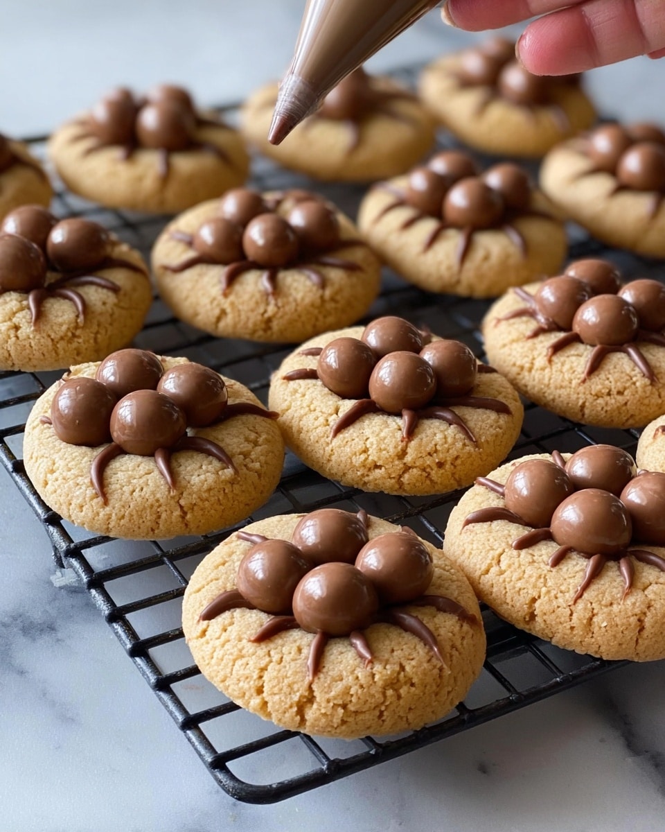 The image shows a black cooling rack filled with light brown round cookies, each topped with three small, smooth, shiny milk chocolate balls clustered in the center. Some cookies have thin lines of dark chocolate being piped in circular patterns around the chocolate balls, creating a striped decoration. A white marbled surface is visible underneath the rack, and a woman's hand is seen holding a piping bag applying the dark chocolate on the lower right side. The cookies have a soft, slightly cracked texture, and the lighting highlights their warm, golden tones. photo taken with an iphone --ar 4:5 --v 7