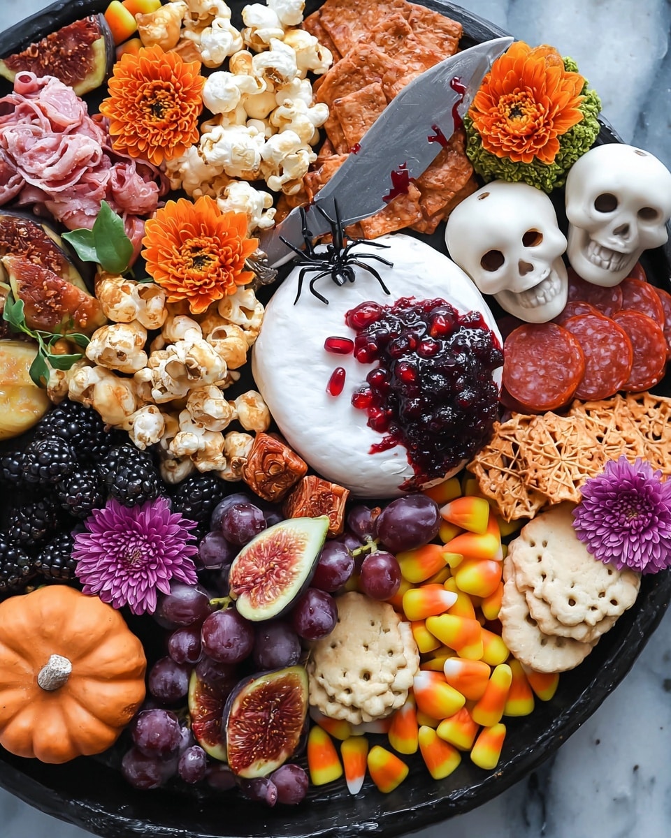 The image shows a black round tray filled with many Halloween-themed snacks arranged in layers. In the middle, there is a round white cheese topped with a thick, dark red sauce with visible pomegranate seeds. Around the cheese, there are purple figs cut in half, blackberries, and clusters of bright yellow and orange candy corn. There are several slices of reddish-brown pepperoni and a few slices of pale cheese shaped like ghosts. Around the edges of the tray, there is caramel popcorn, beige crackers decorated to look like ghosts, and orange square crackers. There are also walnuts, folds of pinkish-red cured meat, and pieces of waffle-like orange crackers. The tray is decorated with orange and purple flowers, green leafy sprigs, a small black plastic spider on a ghost-shaped cracker, and a small white skull near the center. A knife with red spots resembling blood is placed on top of the cheese, on a background of white marbled texture. Photo taken with an iphone --ar 4:5 --v 7