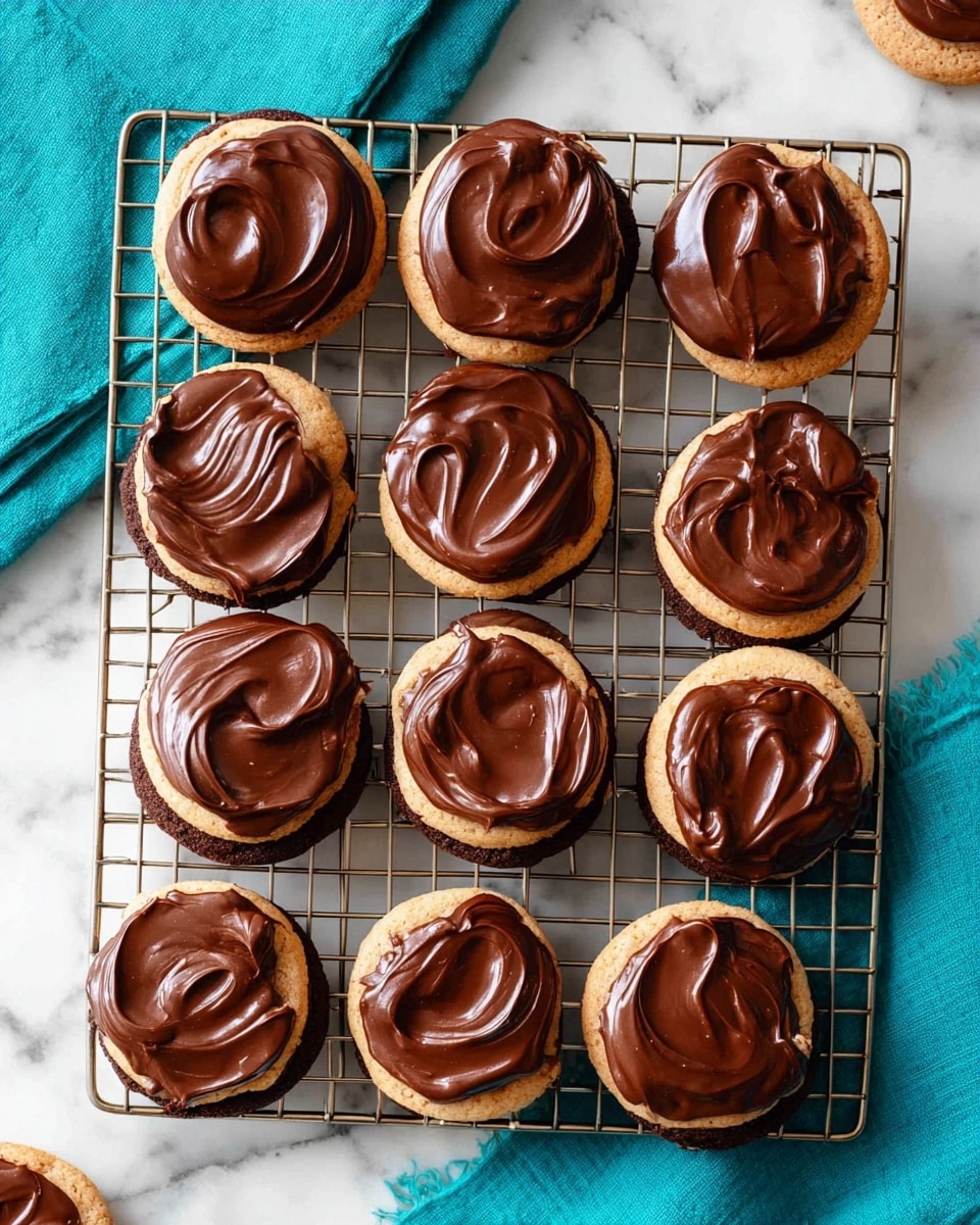 Ten round cookies are arranged on a black cooling rack over a white marbled surface. Each cookie has three layers: the bottom layer is a dark brown cookie, the middle layer is a lighter tan cream, and the top layer is smooth, thick, glossy dark chocolate spread with soft swirls. A teal cloth is partially visible beneath the cooling rack on the left and bottom sides. The photo is taken from above showing the full set of cookies and some of the surrounding surface. photo taken with an iphone --ar 4:5 --v 7