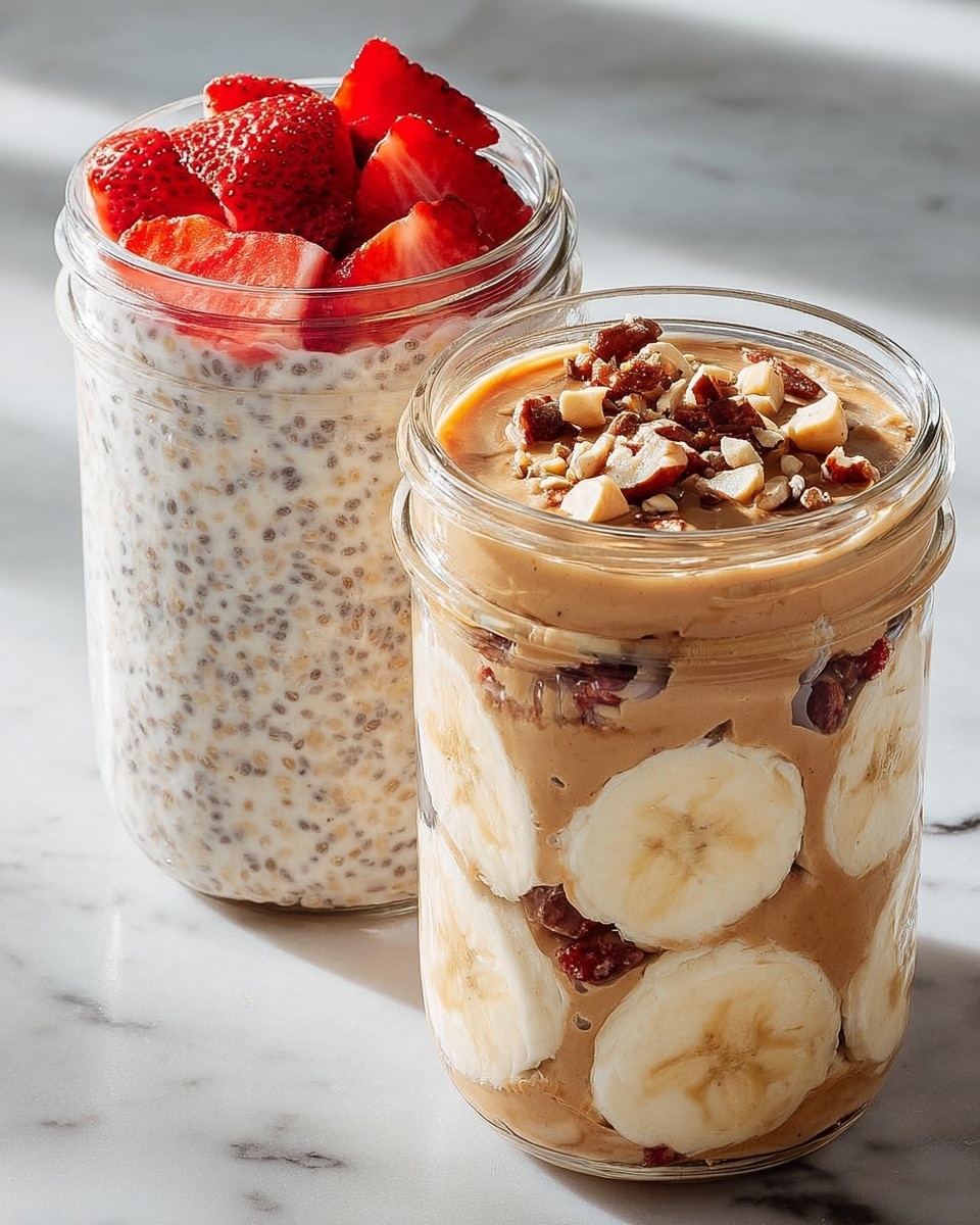 Two clear glass jars sit side by side on a white marbled surface. The jar on the left has a thick, creamy base speckled with chia seeds and oatmeal, topped with several bright red strawberry slices and small pieces of light brown nuts. The jar on the right shows layers starting with the same creamy oatmeal base at the bottom, followed by swirls of smooth, rich peanut butter, and topped with round slices of light yellow banana, sprinkled with crunchy pieces of nuts and seeds. The light shines softly on both jars, highlighting the textures and colors. photo taken with an iphone --ar 4:5 --v 7