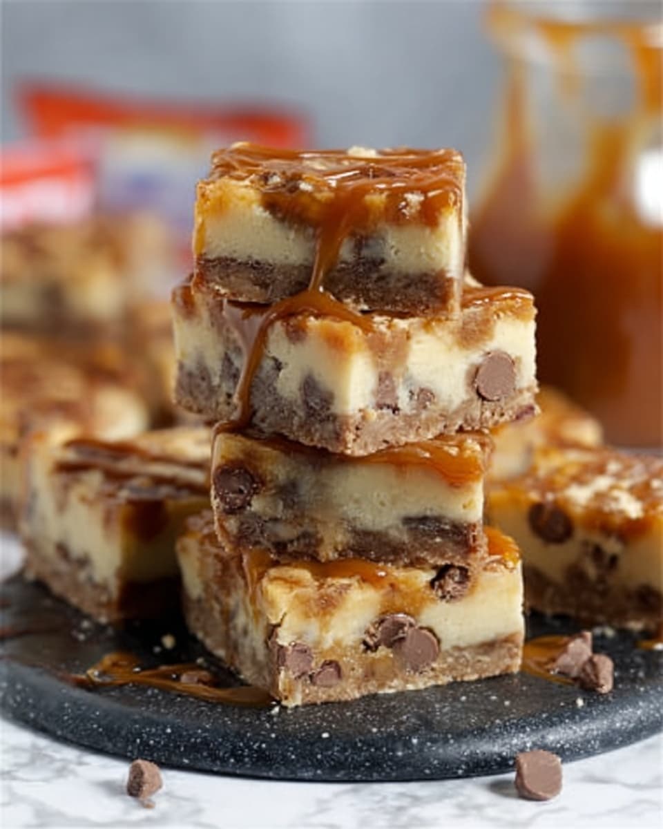 The image shows several square pieces of a layered dessert arranged on a white round plate with a white marbled surface underneath. Each piece has a thick, creamy base layer with a light caramel color mixed with visible chunks of caramel candies creating a marbled effect. On top, there is a glossy, golden caramel layer that looks soft and smooth, slightly uneven with some swirls and darker caramel streaks. The pieces are cut cleanly and stacked close together. In the foreground, there is a small wrapped caramel candy with a bright red and yellow wrapper lying on the white marbled surface. photo taken with an iphone --ar 4:5 --v 7