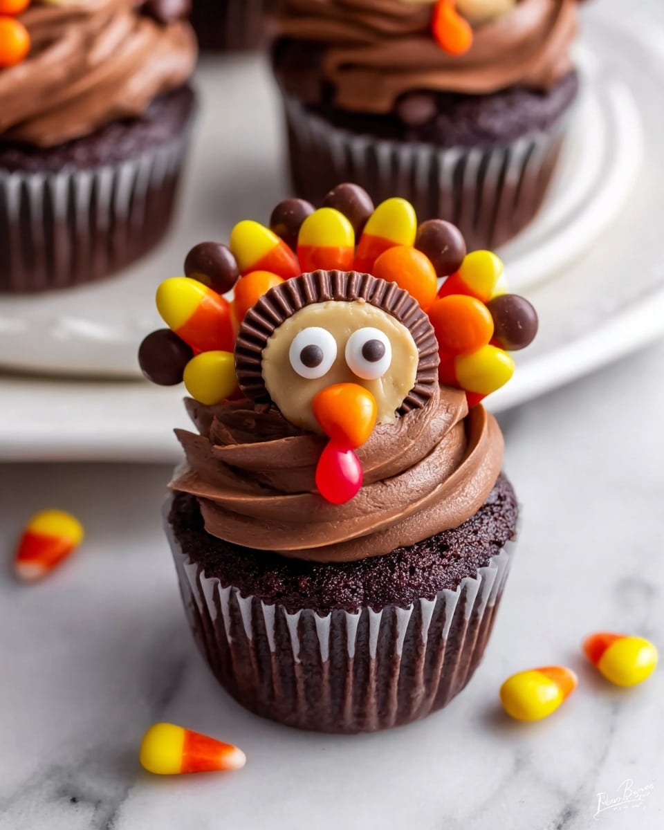 A chocolate cupcake with three main visual layers: the base is a dark brown textured cupcake, on top is a smooth swirl of medium brown chocolate frosting, and the decoration layer on top looks like a turkey. The turkey is made from a mini peanut butter cup as the face, two white candy eyes with brown dots, an orange candy as the nose, and a small red gummy for the wattle. Around the face, candy-coated chocolates in orange, yellow, and dark brown form the turkey feathers arranged in a semicircle. The cupcake sits on a white plate with a white marbled background, and a few loose candies are scattered around. Photo taken with an iphone --ar 4:5 --v 7
