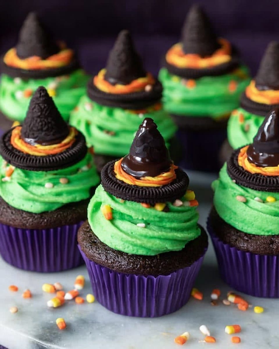The image shows a close-up of a dark chocolate cupcake with bright green frosting swirled on top in thick, smooth layers. On the green frosting sits a round black cookie, and on top of the cookie is a small orange frosting ring decorated with yellow and orange sprinkles. At the center of the orange ring is a dark brown, shiny chocolate piece shaped like a cone. The cupcake is in a green paper liner and is placed on a white marbled surface scattered with yellow and orange sprinkles. Photo taken with an iphone --ar 4:5 --v 7
