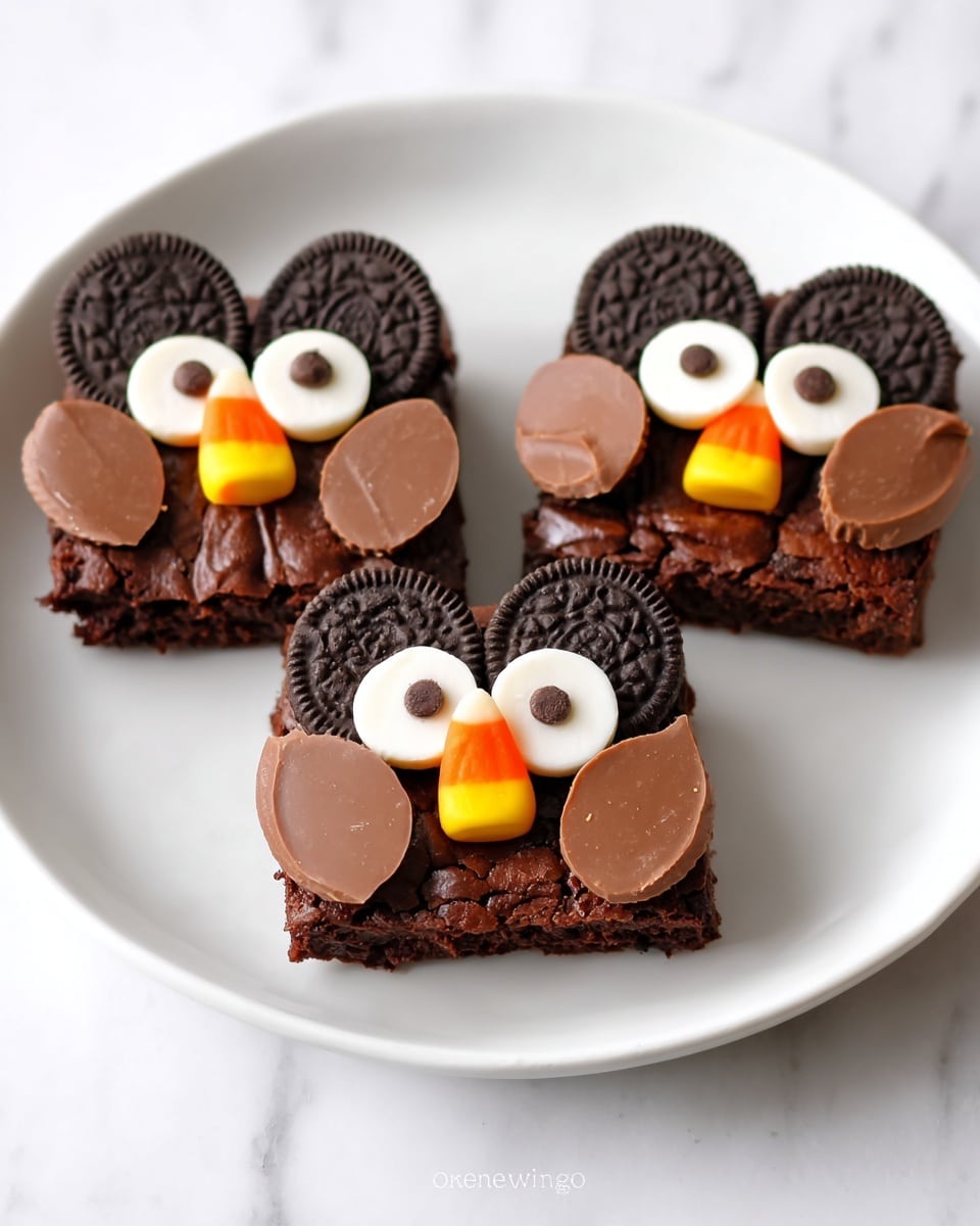 The image shows three small owl-shaped brownies on a white plate with a white marbled background. Each brownie is a square layer of dark brown chocolate with a cracked texture on top. Two large Oreo cookie halves form the eyes, with white cream and a dark brown cookie circle in the center for pupils. Two half peanut butter cups are placed on each side of the brownie bottom half as the owl's wings, showcasing a smooth, shiny milk chocolate texture. Each owl has a candy corn piece in the middle as the beak, showing a bright orange, yellow, and white layered color. The brownies are evenly spaced on the plate. photo taken with an iphone --ar 4:5 --v 7
