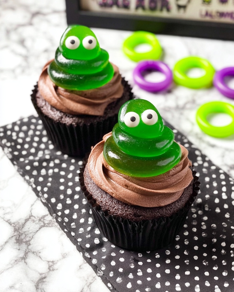 Two chocolate cupcakes with black paper wrappers sit on a white marbled surface with a black and white polka dot cloth under them. Each cupcake has a swirl of smooth brown frosting on top. Above the frosting, there is a green, shiny, translucent jelly shaped like a swirl, with two big white candy eyes attached, giving a playful look. In the background to the right, colorful plastic rings in purple and lime green lay on the surface, and behind the cupcakes, a Halloween-themed sign is partially visible. photo taken with an iphone --ar 4:5 --v 7