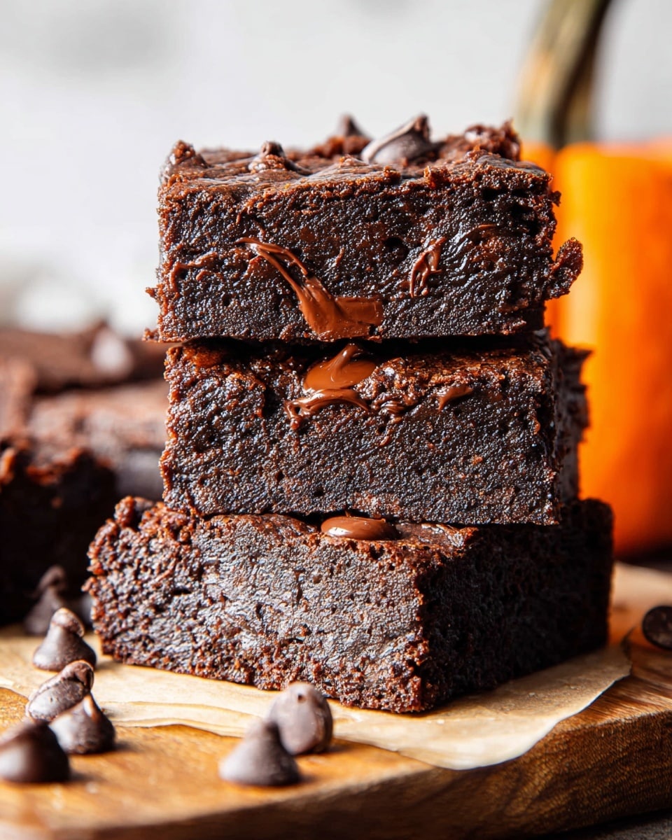 A close-up of three thick, dark brown chocolate brownies stacked on top of each other on a piece of parchment paper. Each brownie shows a rich, moist texture with uneven surfaces and melted chocolate chips embedded throughout, some slightly oozing out. The top brownie has a few visible swirls of melted chocolate on its surface. Scattered chocolate chips are around the base on the wooden board. In the blurred background, an orange pumpkin adds a warm color contrast against the white marbled texture surface. Photo taken with an iphone --ar 4:5 --v 7