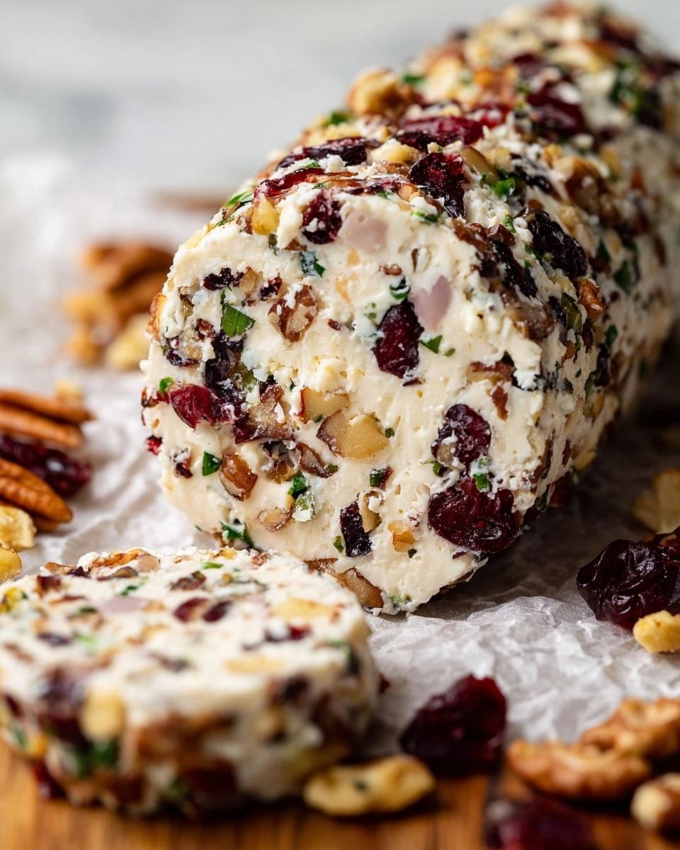 The image shows a close-up of a cheese ball log resting on crumpled white parchment paper over a wooden surface. The cheese ball has one visible layer made of creamy, white cheese mixed with dark red dried cranberries, small green herbs, and bits of light brown nuts, giving it a textured look. The outside is evenly covered with these colorful pieces—deep red cranberries, green herb bits, and chunks of tan nuts—making the log look richly coated and textured. Pieces of crackers and chopped nuts are scattered near the front on the wooden surface, adding to the scene. The background is a white marbled texture. Photo taken with an iphone --ar 4:5 --v 7