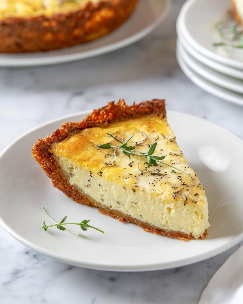 A round tart on a white plate with a thick, crispy golden brown crust forming the sides and bottom. Inside, a creamy, pale yellow filling with a slightly speckled surface, topped with small sprigs of green herbs scattered lightly on top. A wedge has been removed from the tart and placed on a smaller white plate in the background, with a silver fork resting beside it. The white marbled surface underneath adds a clean, bright look to the scene. Photo taken with an iphone --ar 4:5 --v 7
