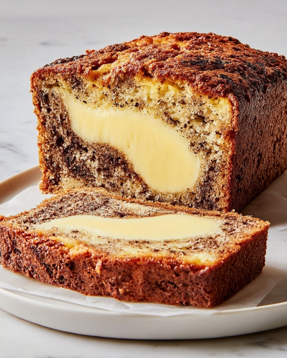 A close-up view of a loaf of bread with two layers: a thicker darker brown outer layer with a coarse, crumbly texture and a smooth, creamy white layer inside, which is slightly thick and fills the middle portion of the bread. One slice is laying flat, showing a clear separation between the two layers, while the rest of the loaf is in the background. The loaf is on a white plate placed on a white marbled surface, with some crumbs scattered nearby. Photo taken with an iphone --ar 4:5 --v 7