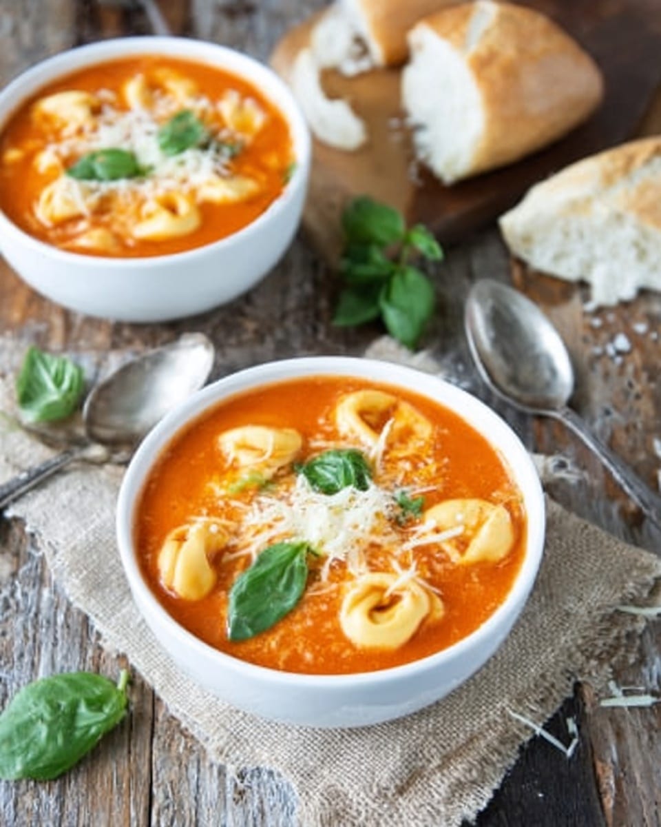 A white cup filled with bright red tomato soup with visible small pasta pieces floating on top. The soup is topped with shredded light yellow cheese and a small bunch of fresh green basil leaves in the center. The cup sits on a rustic wooden surface with a spoon nearby and light green basil leaves blurred in the background. photo taken with an iphone --ar 4:5 --v 7